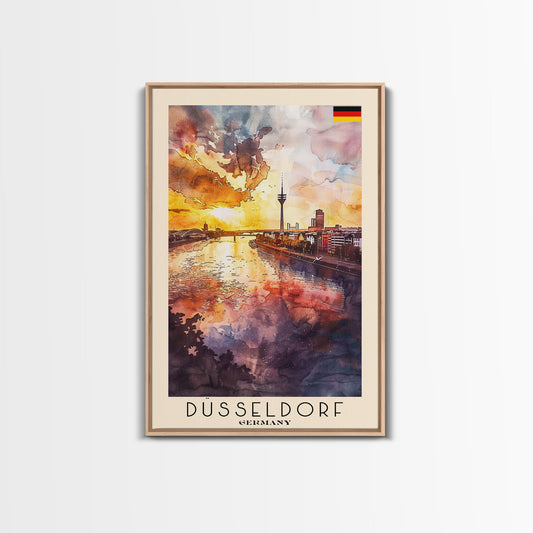 Dusseldorf, Germany Sunset Framed Canvas Print. Striking Wall Art for Living Room or Bedroom, Urban Travel Poster Decor.