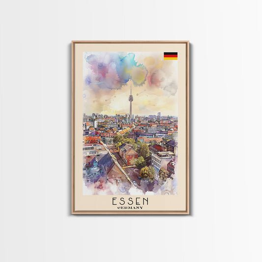 Essen Germany Vibrant Cityscape Watercolor Framed Canvas Print, Dynamic Travel Poster Art for Living Room and Bedroom Decor