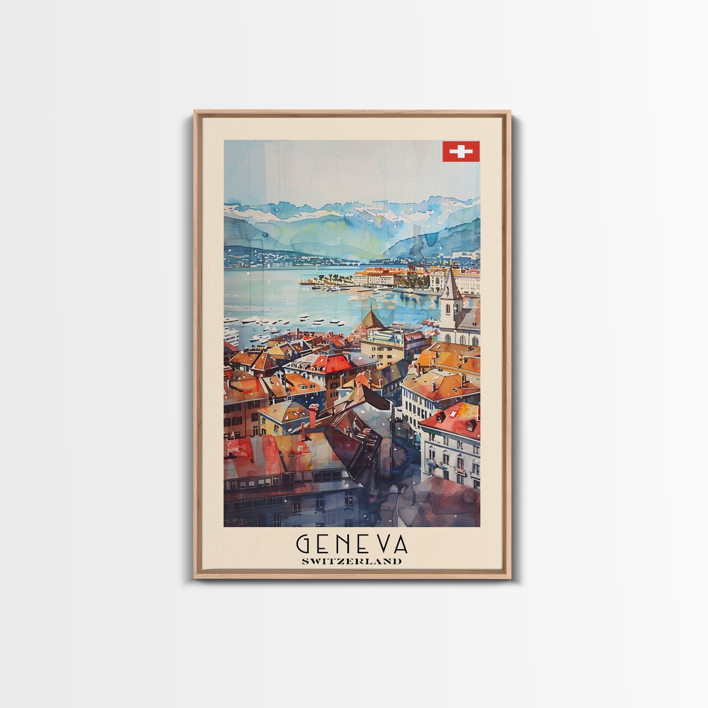 Geneva, Switzerland Travel Poster Art, Framed Canvas Print for Living Room or Bedroom, Scenic Wall Art, Home Decoration