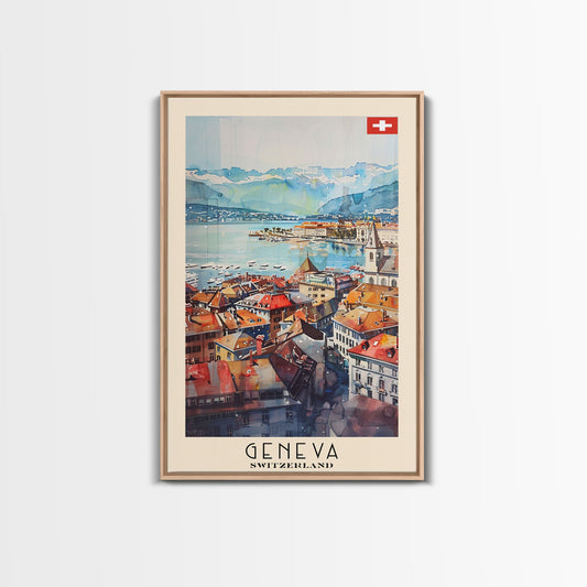 Geneva, Switzerland Travel Poster Art, Framed Canvas Print for Living Room or Bedroom, Scenic Wall Art, Home Decoration