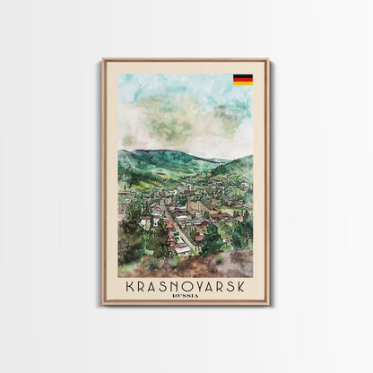 Krasnoyarsk Russia Travel Poster Framed Canvas Print, Watercolor Cityscape, Home Decor, Wall Art, Scenic Painting, Travel Print, Artistic Gift