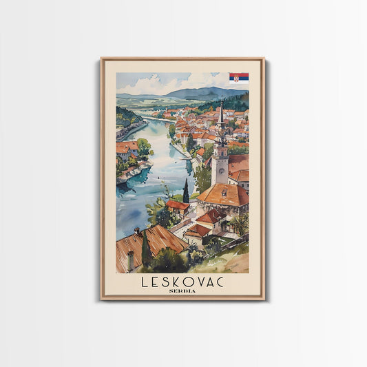 Leskovac Serbia Travel Poster Framed Canvas Print, Watercolor Cityscape, Wall Art, Home Decoration, Travel Print, Original Art, Artistic Gift