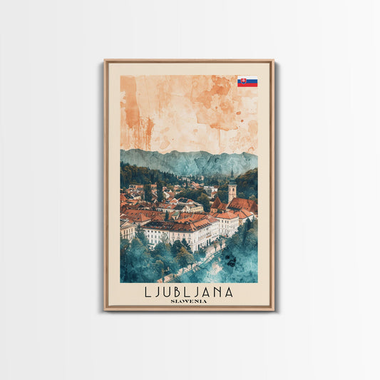 Ljubljana Slovenia Travel Poster Framed Canvas Print, Urban Landscape, Watercolor Art, Wall Decor, Home Decoration, Travel Print, Original Art