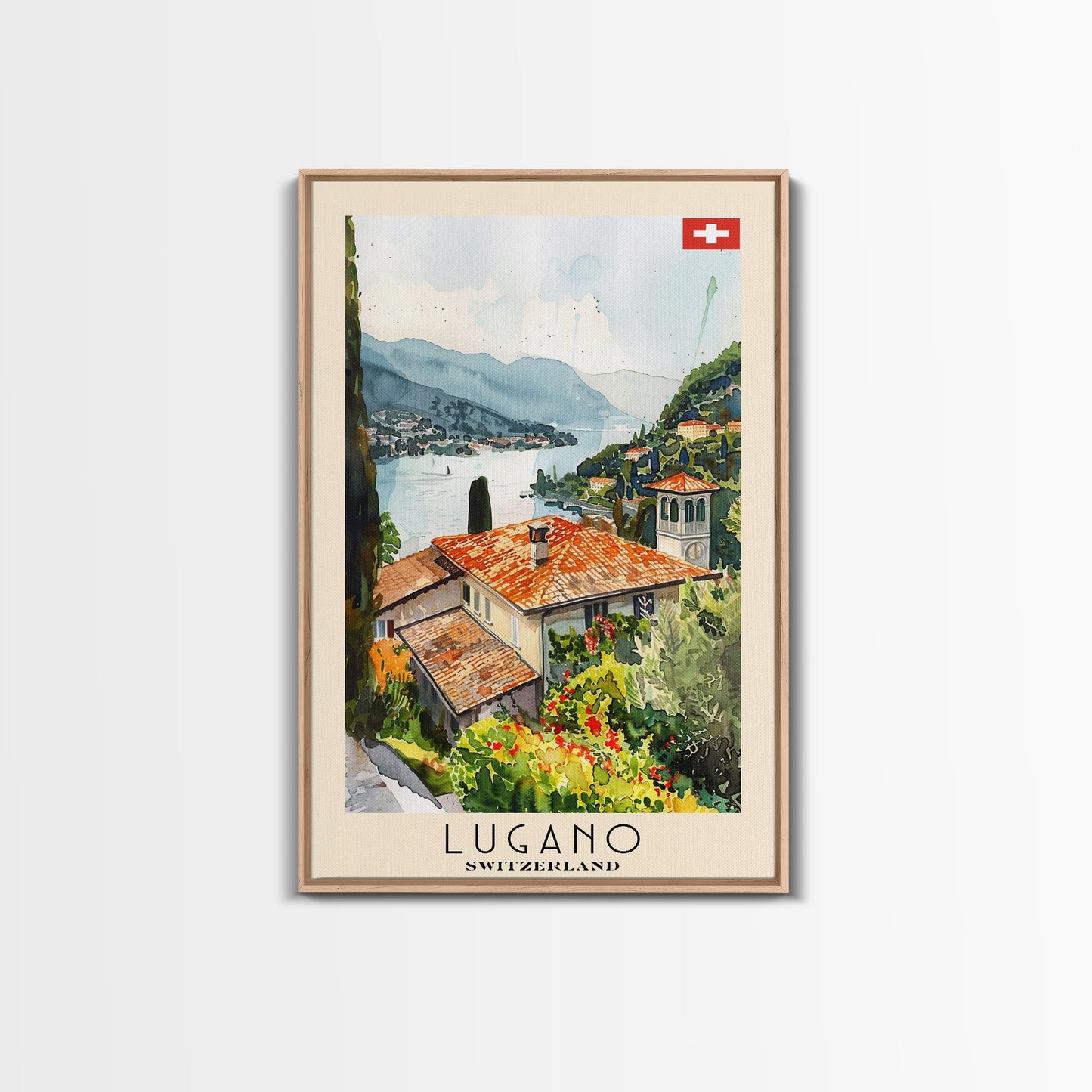 Lugano Switzerland Travel Poster Framed Canvas Print, Lakeside Cityscape, Watercolor Painting, Wall Art, Home Decoration, Travel Print, Artistic Gift