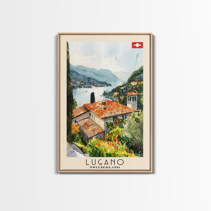 Lugano Switzerland Travel Poster Framed Canvas Print, Lakeside Cityscape, Watercolor Painting, Wall Art, Home Decoration, Travel Print, Artistic Gift