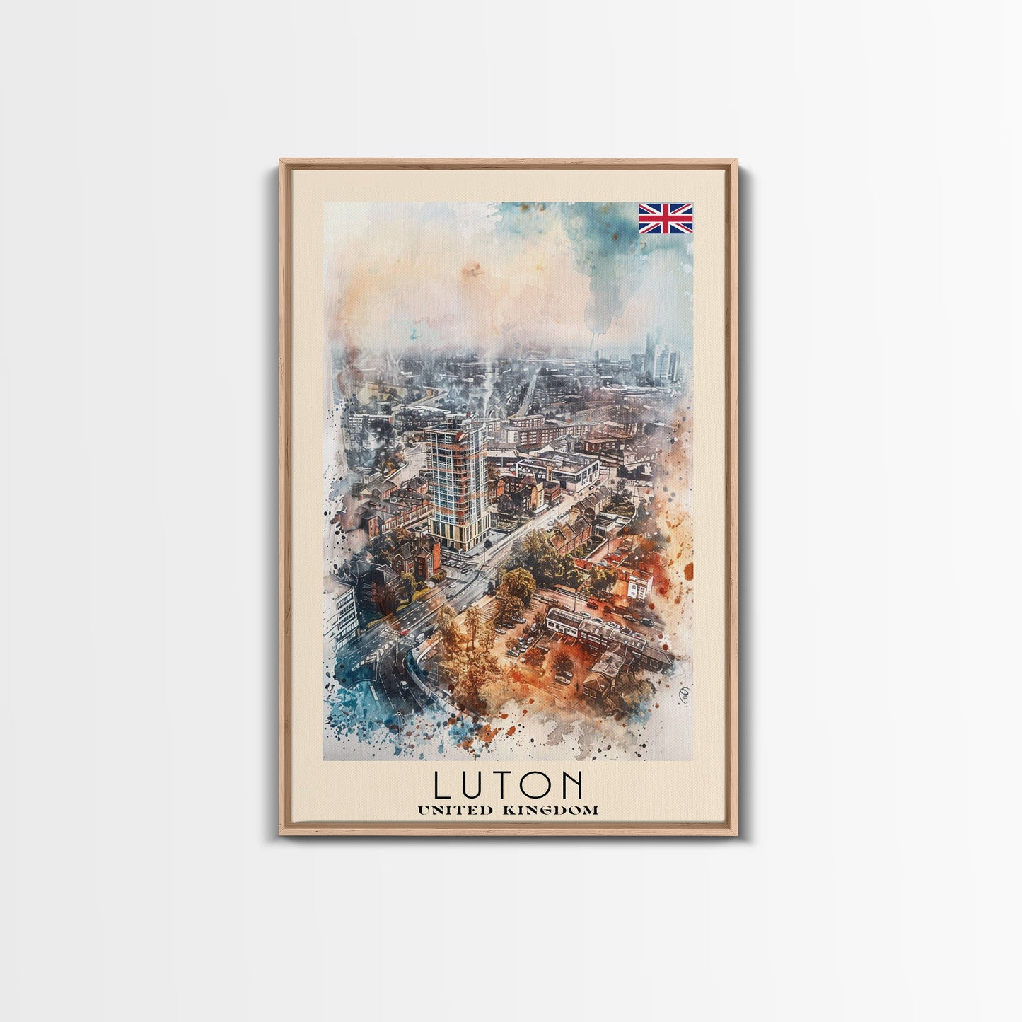 Luton United Kingdom Travel Poster Framed Canvas Print, Vibrant Cityscape, Urban Art, Wall Decor, Interior Design, Travel Print, Unique Art