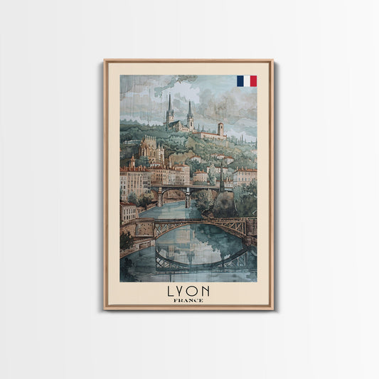 Lyon France Travel Poster Framed Canvas Print, Historic Cityscape, Watercolor Art, Wall Hanging, Home Decor, Travel Print, Art Collectible