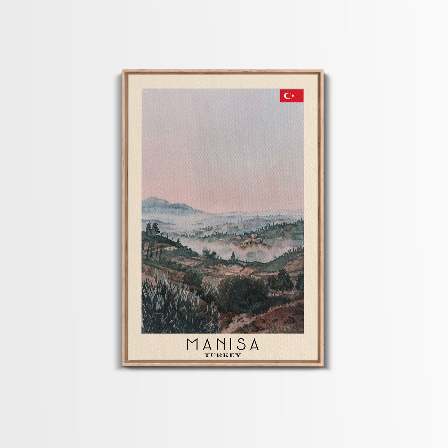 Manisa Turkey Travel Poster Framed Canvas Print, Scenic Landscape, Watercolor Art, Wall Decoration, Home Design, Travel Print, Unique Art