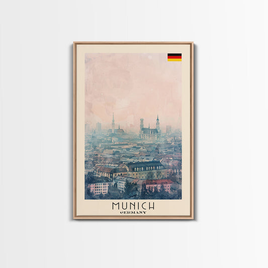 Munich Germany Travel Poster Framed Canvas Print, Iconic Cityscape, Watercolor Art, Wall Decoration, Home Decor, Travel Print, Artistic Piece