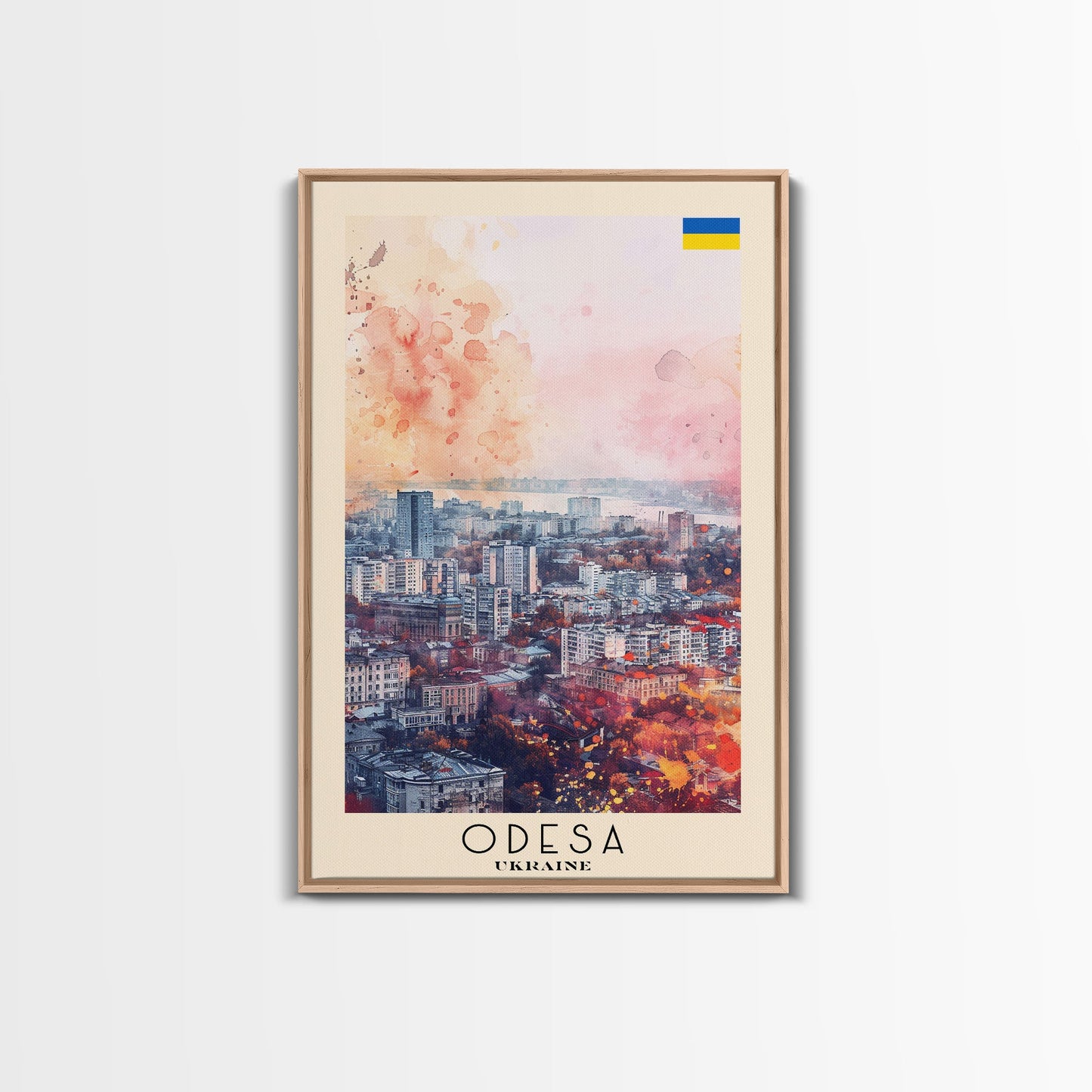 Odesa Ukraine Travel Poster Framed Canvas Print, Watercolor Painting, Scenic Wall Art, Home Decor, Ukrainian Coastal Scene, Vibrant Art