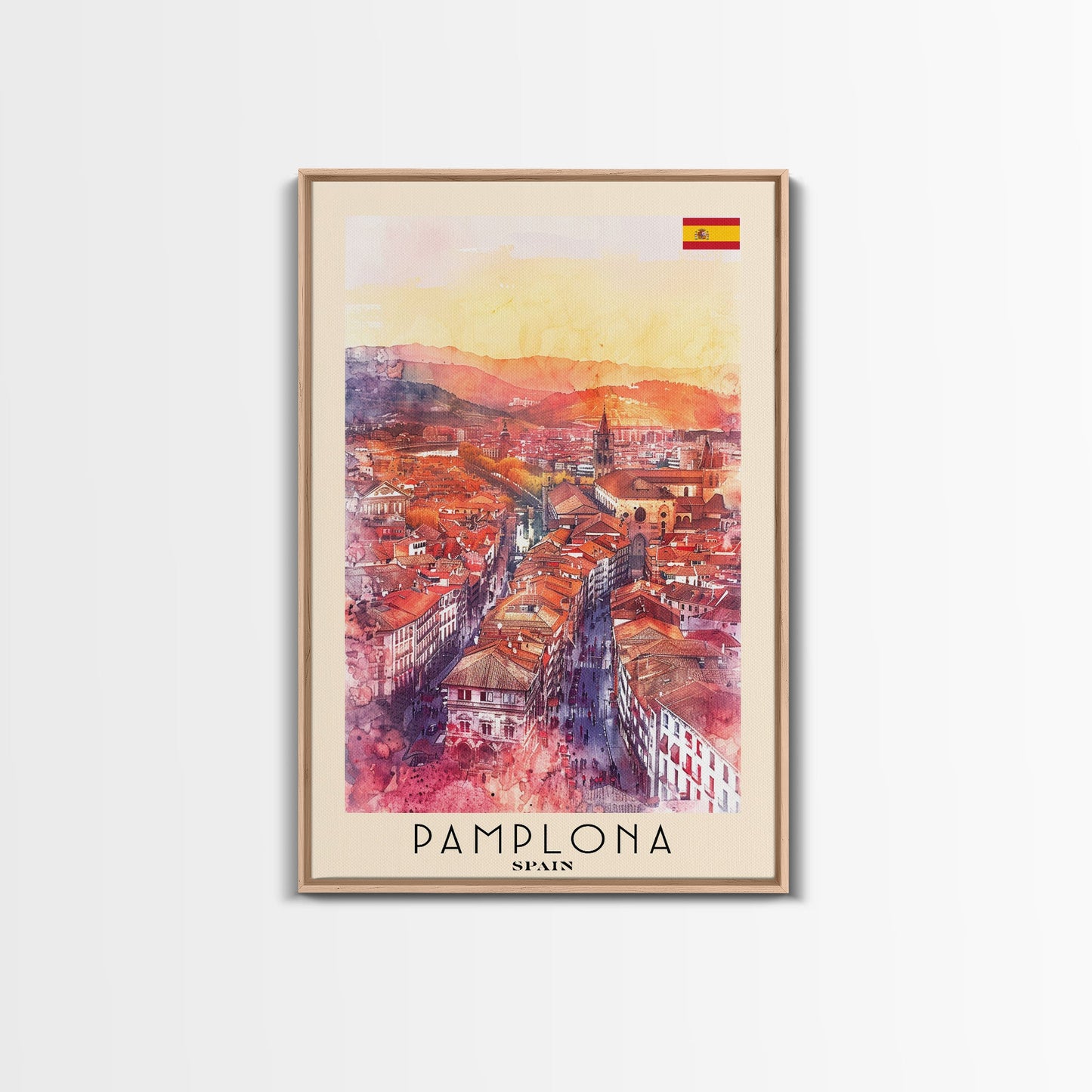 Pamplona Spain Travel Poster Framed Canvas Print, Watercolor Painting, Urban Wall Art, Home Decor, Spanish Architecture, Classic Art