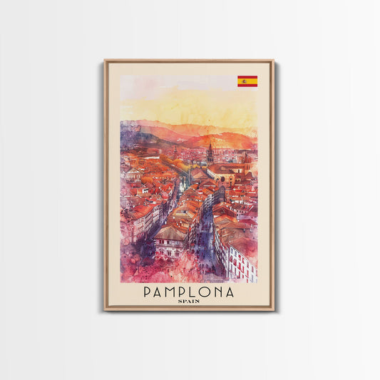 Pamplona Spain Travel Poster Framed Canvas Print, Watercolor Painting, Urban Wall Art, Home Decor, Spanish Architecture, Classic Art
