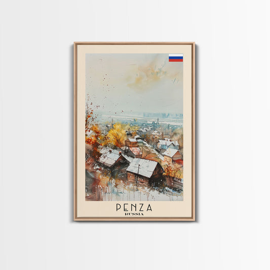 Penza Russia Travel Poster Framed Canvas Print, Watercolor Painting, Urban Wall Art, Home Decor, Russian Cityscape, Contemporary Art
