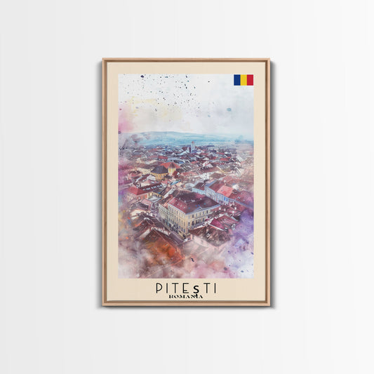 Piteti Romania Travel Poster Framed Canvas Print, Watercolor Painting, Scenic Wall Art, Home Decor, Romanian Cityscape, Classic Art