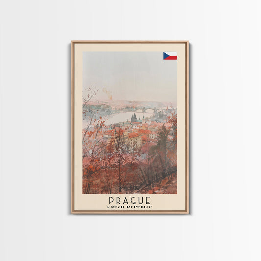 Prague Czech Republic Travel Poster Framed Canvas Print, Watercolor Painting, Historic Wall Art, Home Decor, Czech Architecture, Classic Decor
