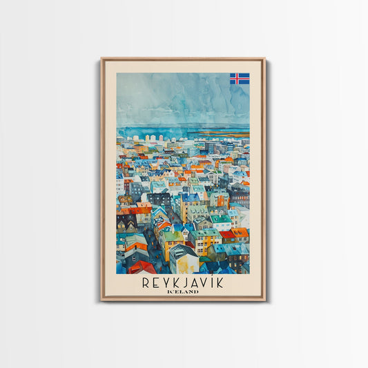 Reykjavik Iceland Travel Poster Framed Canvas Print, Watercolor Painting, Scenic Wall Art, Home Decor, Icelandic Landscape, Artistic Decor