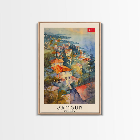 Samsun Turkey Travel Poster Framed Canvas Print, Watercolor Painting, Coastal Wall Art, Home Decor, Turkish Seaside, Modern Decor