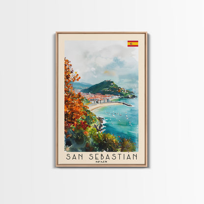 San Sebastian Spain Travel Poster Framed Canvas Print, Watercolor Painting, Coastal Wall Art, Home Decor, Spanish Seaside, Vibrant Art
