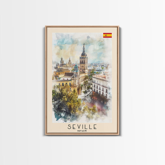 Seville Spain Travel Poster Framed Canvas Print, Watercolor Painting, Historic Wall Art, Home Decor, Spanish Architecture, Vibrant Decor