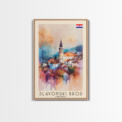 Slavonski Brod Croatia Travel Poster Framed Canvas Print, Watercolor Painting, Scenic Wall Art, Home Decor, Croatian Cityscape, Classic Art