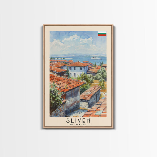 Sliven Bulgaria Travel Poster Framed Canvas Print, Watercolor Painting, Scenic Wall Art, Home Decor, Bulgarian Landscape, Artistic Decor