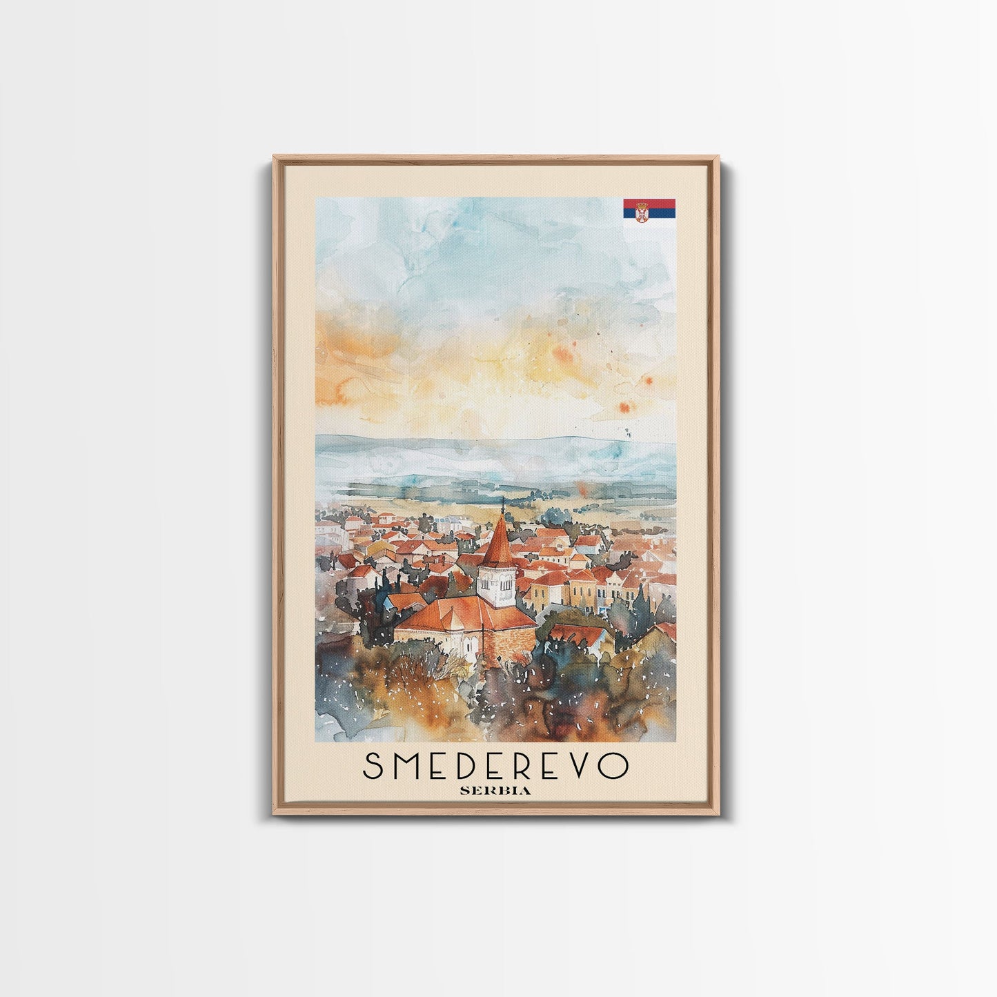 Smederevo Serbia Travel Poster Framed Canvas Print, Watercolor Painting, Scenic Wall Art, Home Decor, Serbian Cityscape, Modern Art