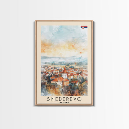 Smederevo Serbia Travel Poster Framed Canvas Print, Watercolor Painting, Scenic Wall Art, Home Decor, Serbian Cityscape, Modern Art
