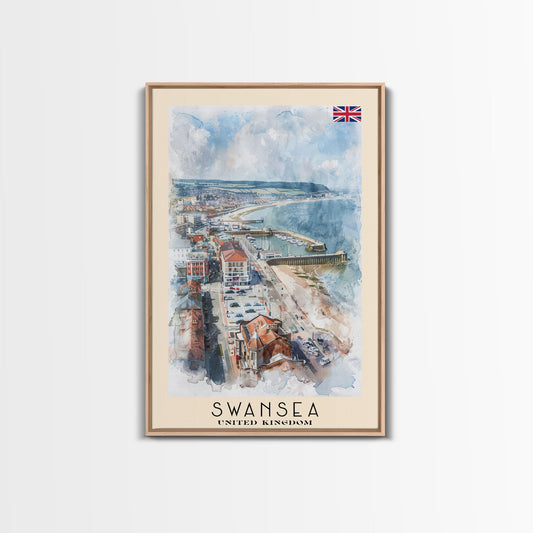 Swansea United Kingdom Travel Poster Framed Canvas Print, Watercolor Painting, Coastal Wall Art, Home Decor, British Seaside, Nautical Art