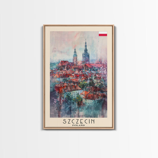 Szczecin Poland Travel Poster Framed Canvas Print, Watercolor Painting, Urban Wall Art, Home Decor, Polish Cityscape, Modern Decor
