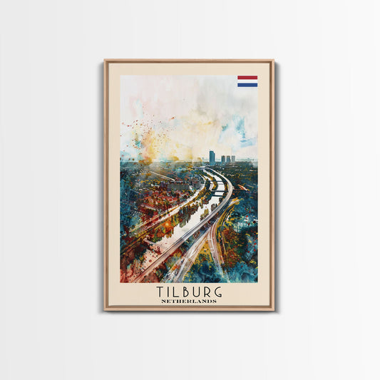 Tilburg Netherlands Travel Poster Framed Canvas Print, Watercolor Painting, Urban Wall Art, Home Decor, Dutch Cityscape, Trendy Decor