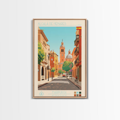 Alcalá de Henares Spain Travel Poster Framed Canvas Print, Midcentury Modern Art, Pop Art Decor, Wall Art, Vacation Gift, Living Room Decoration, Scenic Print