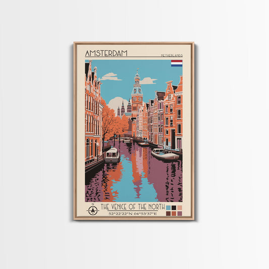 Amsterdam Netherlands Travel Poster Framed Canvas Print, Midcentury Modern Art, Pop Art Decor, Wall Art, Vacation Gift, Living Room Decoration, Scenic Print