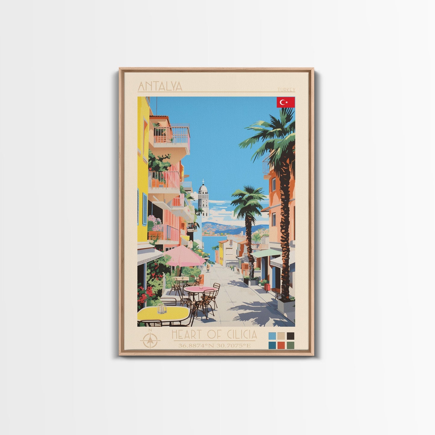Antalya Turkey Travel Poster Framed Canvas Print, Midcentury Modern Art, Pop Art Wall Decor, Home Decor, Vacation Gift, Living Room Art