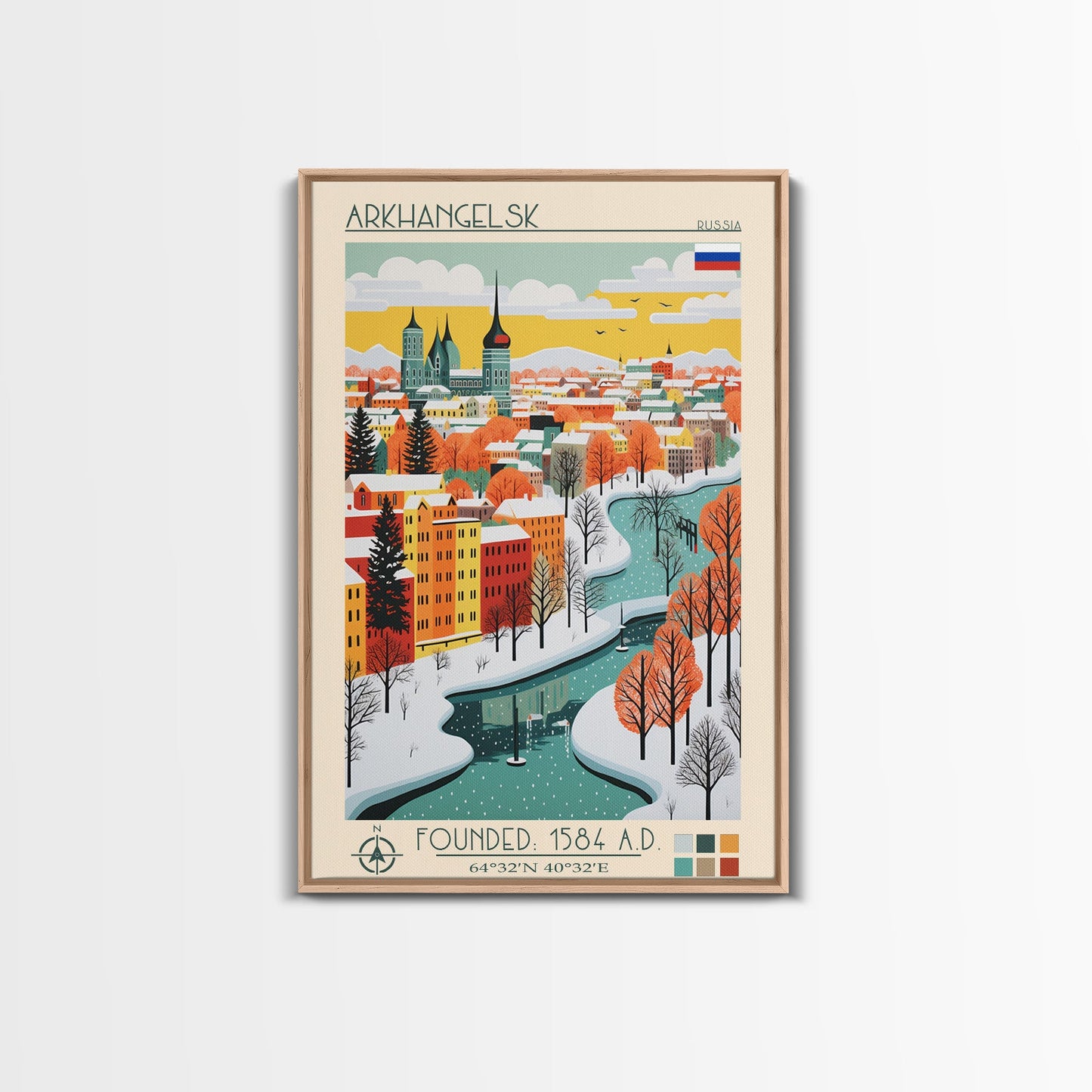 Arkhangelsk Russia Travel Poster Framed Canvas Print, Midcentury Modern Art, Pop Art Wall Decor, Home Decor, Vacation Gift, Living Room Art