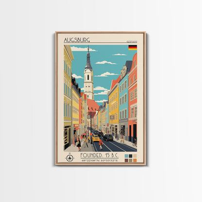 Augsburg Germany Travel Poster Framed Canvas Print, Midcentury Modern Art, Pop Art Wall Decor, Home Decor, Vacation Gift, Living Room Art