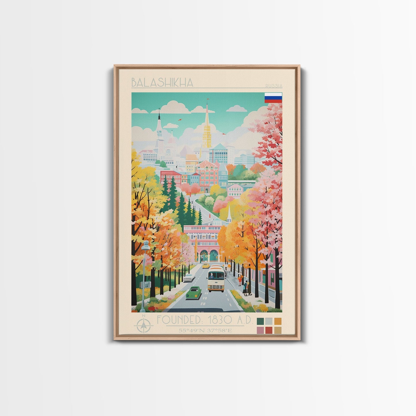 Balashikha Russia Travel Poster Framed Canvas Print, Midcentury Modern Art, Pop Art Wall Decor, Home Decor, Vacation Gift, Living Room Art