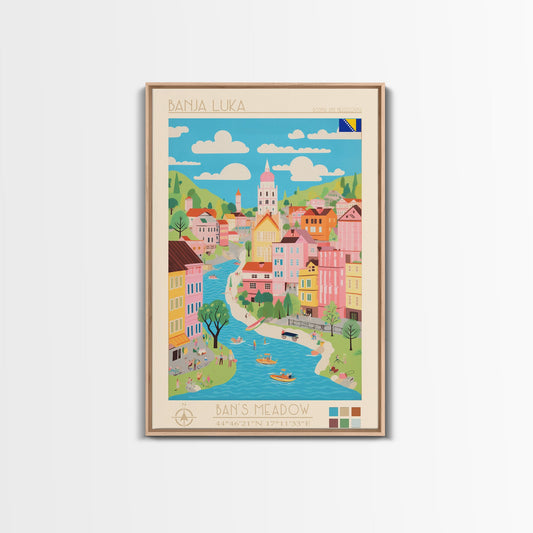 Banja Luka Bosnia Travel Poster Framed Canvas Print, Midcentury Modern Art, Pop Art Wall Decor, Home Decor, Vacation Gift, Living Room Art