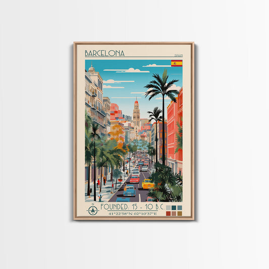 Barcelona Spain Travel Poster Framed Canvas Print, Midcentury Modern Art, Pop Art Wall Decor, Home Decor, Vacation Gift, Living Room Art