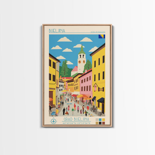 Bijeljina Bosnia Travel Poster Framed Canvas Print, Midcentury Modern Art, Pop Art Wall Decor, Home Decor, Living Room Art, Unique Gift
