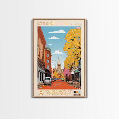 Birmingham UK Travel Poster Framed Canvas Print, Midcentury Modern Art, Pop Art Wall Decor, Home Decor, Living Room Decoration