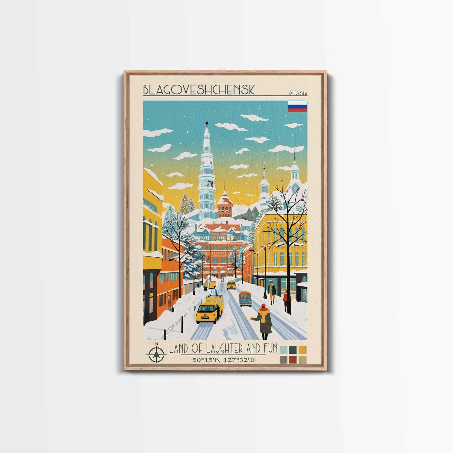 Blagoveshchensk Russia Travel Poster Framed Canvas Print, Midcentury Modern Art, Pop Art Home Decor, Scenic Wall Art, Unique Gift