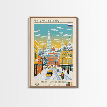 Blagoveshchensk Russia Travel Poster Framed Canvas Print, Midcentury Modern Art, Pop Art Home Decor, Scenic Wall Art, Unique Gift