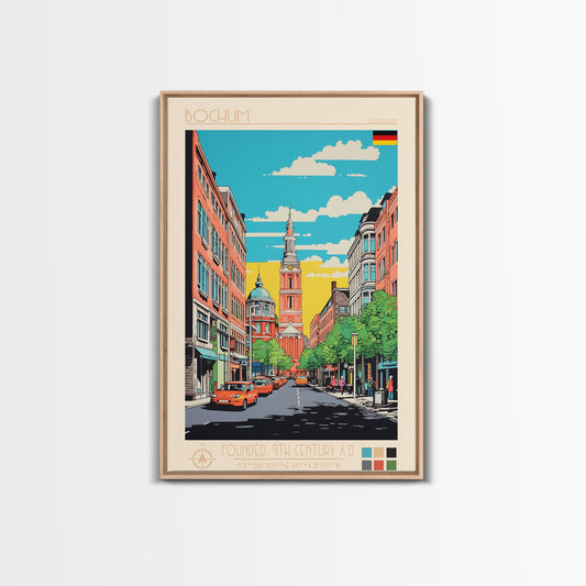 Bochum Germany Travel Poster Framed Canvas Print, Midcentury Modern Art, Pop Art Wall Decor, Home Decor, Living Room Art, Scenic View