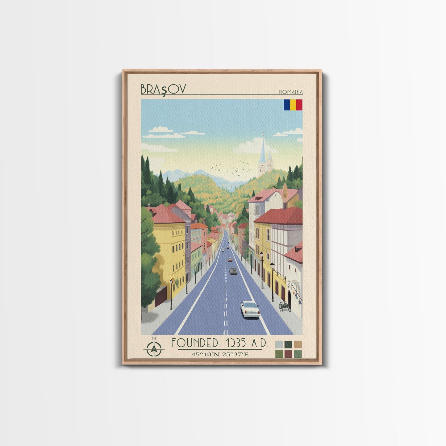 Brașov Romania Travel Poster Framed Canvas Print, Midcentury Modern Art, Pop Art Wall Decor, Home Decor, Vacation Gift, Living Room Art