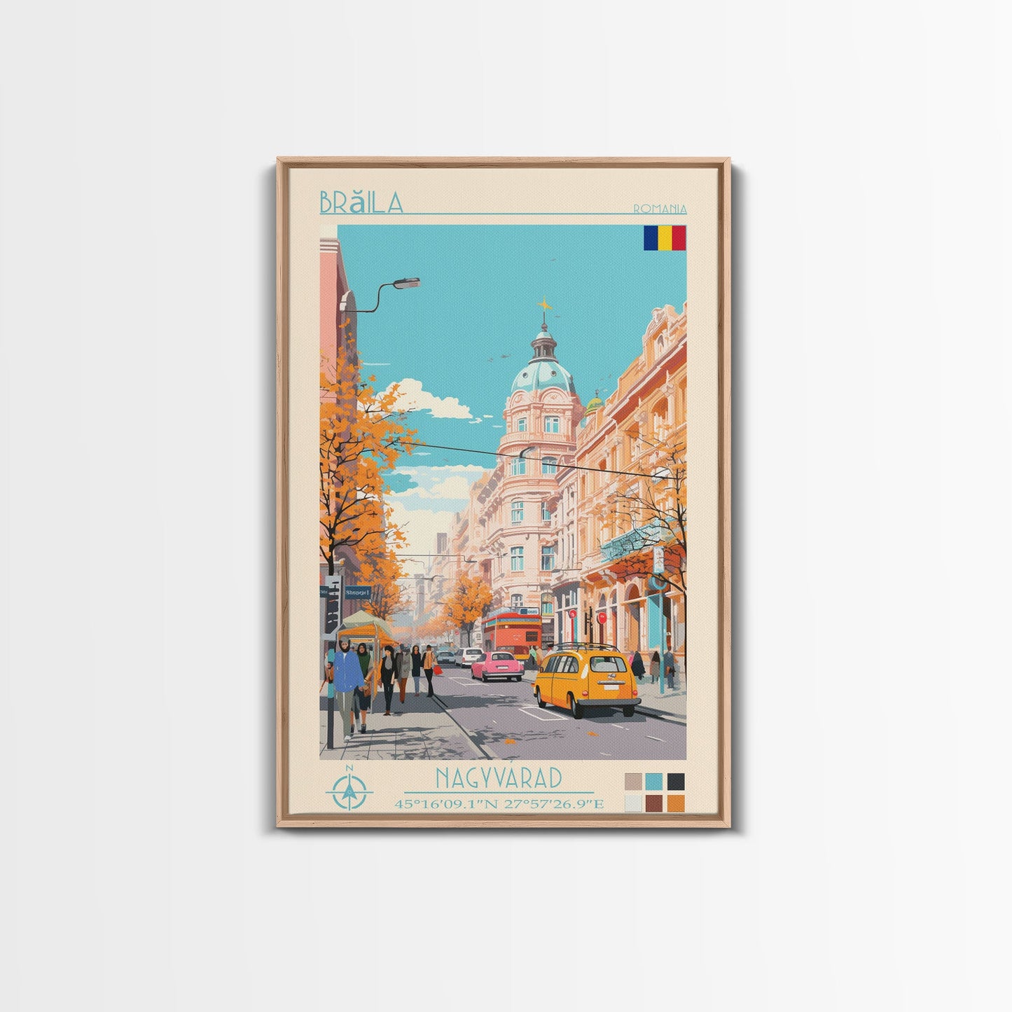 Brăila Romania Travel Poster Framed Canvas Print, Midcentury Modern Art, Pop Art Wall Decor, Home Decor, Vacation Gift, Living Room Art