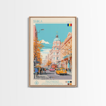 Brăila Romania Travel Poster Framed Canvas Print, Midcentury Modern Art, Pop Art Wall Decor, Home Decor, Vacation Gift, Living Room Art
