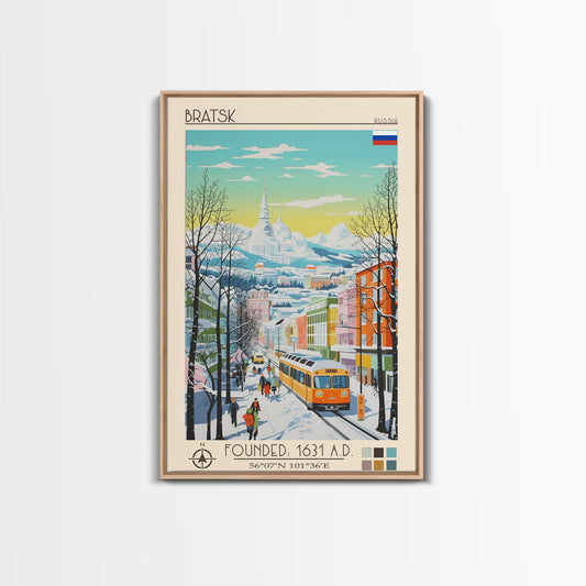 Bratsk Russia Travel Poster Framed Canvas Print, Midcentury Modern Art, Pop Art Wall Decor, Home Decor, Vacation Gift, Living Room Art