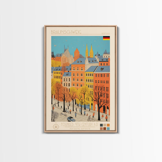Braunschweig Germany Travel Poster Framed Canvas Print, Midcentury Modern Art, Pop Art Wall Decor, Scenic Wall Art, Home Decor, Living Room Art