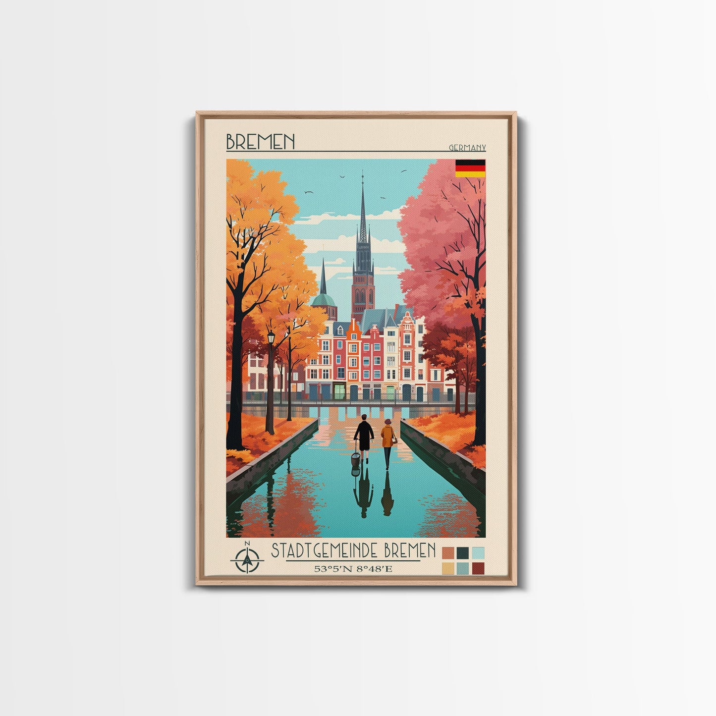 Bremen Germany Travel Poster Framed Canvas Print, Midcentury Modern Art, Pop Art Wall Decor, Home Decor, Vacation Gift, Living Room Art