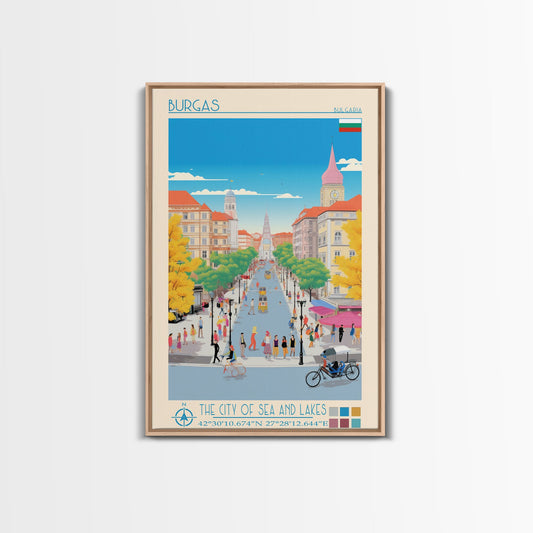 Burgas Bulgaria Travel Poster Framed Canvas Print, Midcentury Modern Art, Pop Art Wall Decor, Home Decor, Vacation Gift, Living Room Art